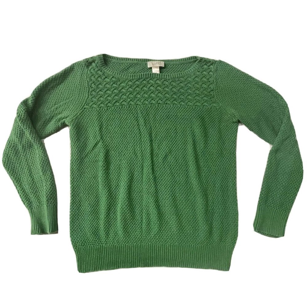 LOFT Kelly Green Lattice Woven Knit Crewneck Sweater M 100% Cotton